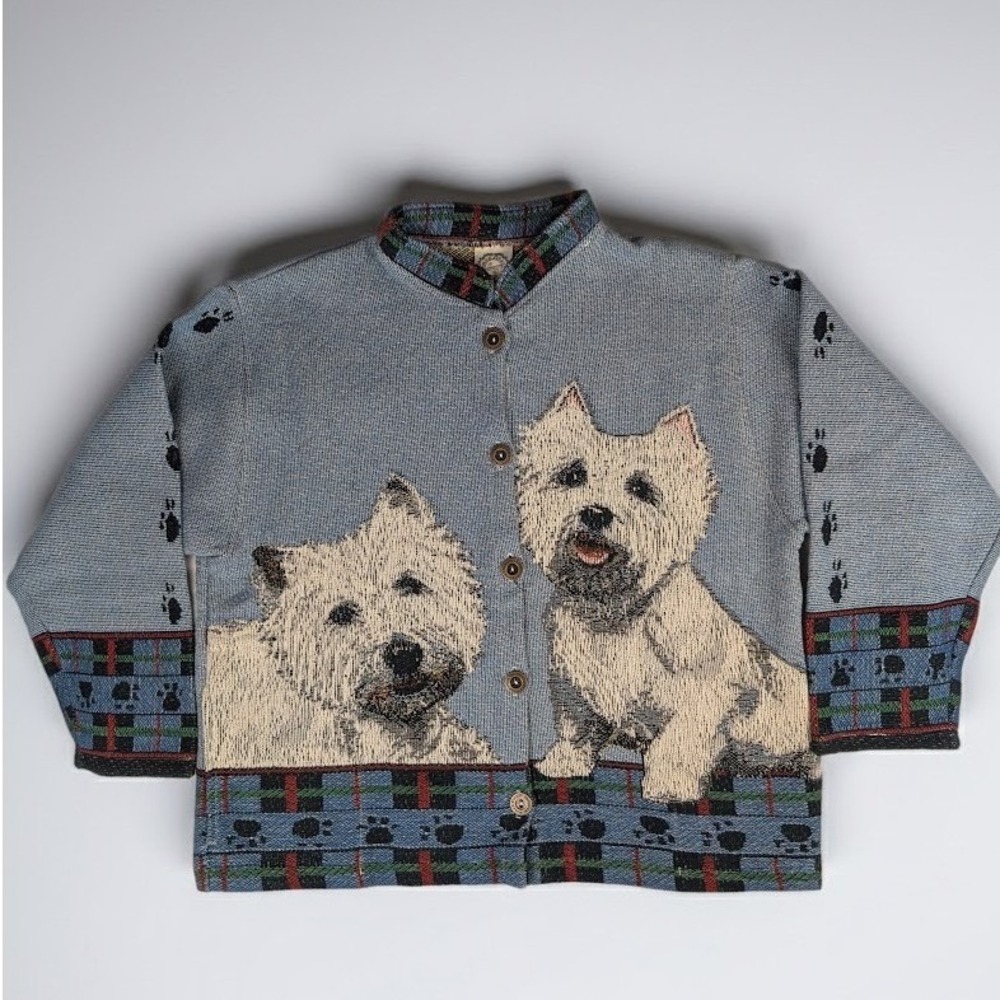 Vintage Sugar Street Weavers Westie Dog Tapestry Cardigan Jacket XL Blue 90's